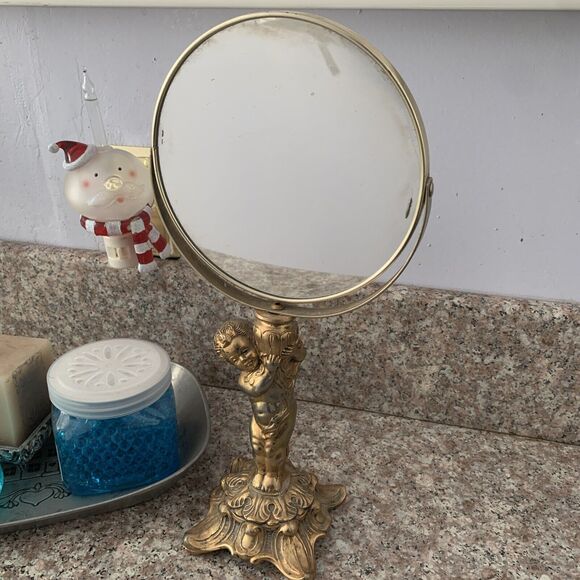 HTF VTG Rare French 14”Vanity 7”Mirror Gold Ormolu Cherub Stylebuilt Matson Type - Picture 4 of 14